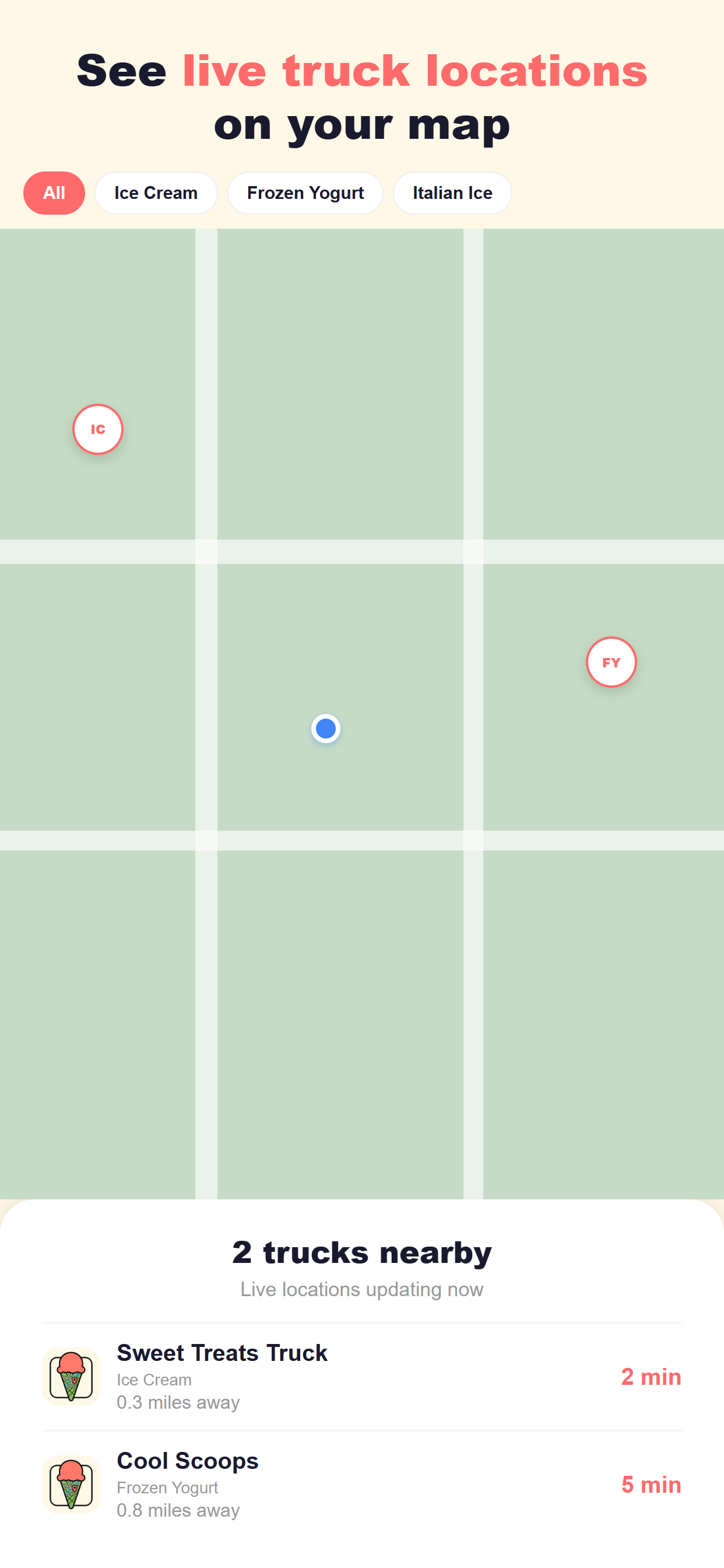 Scoops app showing live ice cream truck locations on a map